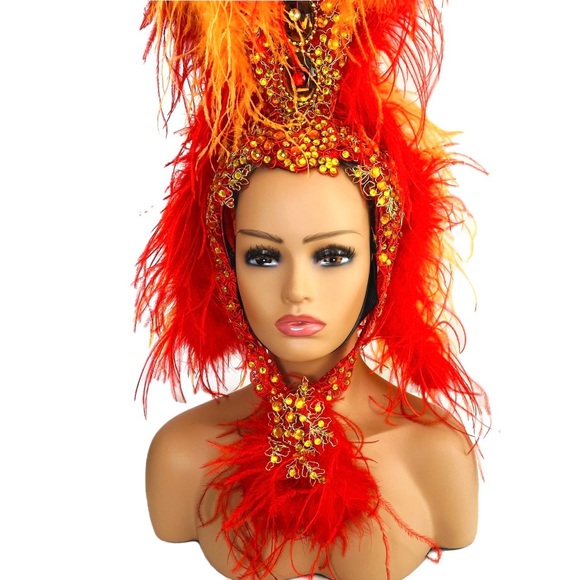 Showgirl Orange & Red Feathers Headdress W/ Ostrich Marabou Feather Boas Unisex - Picture 4 of 8